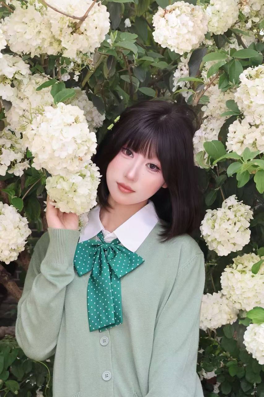 绣球花墙边