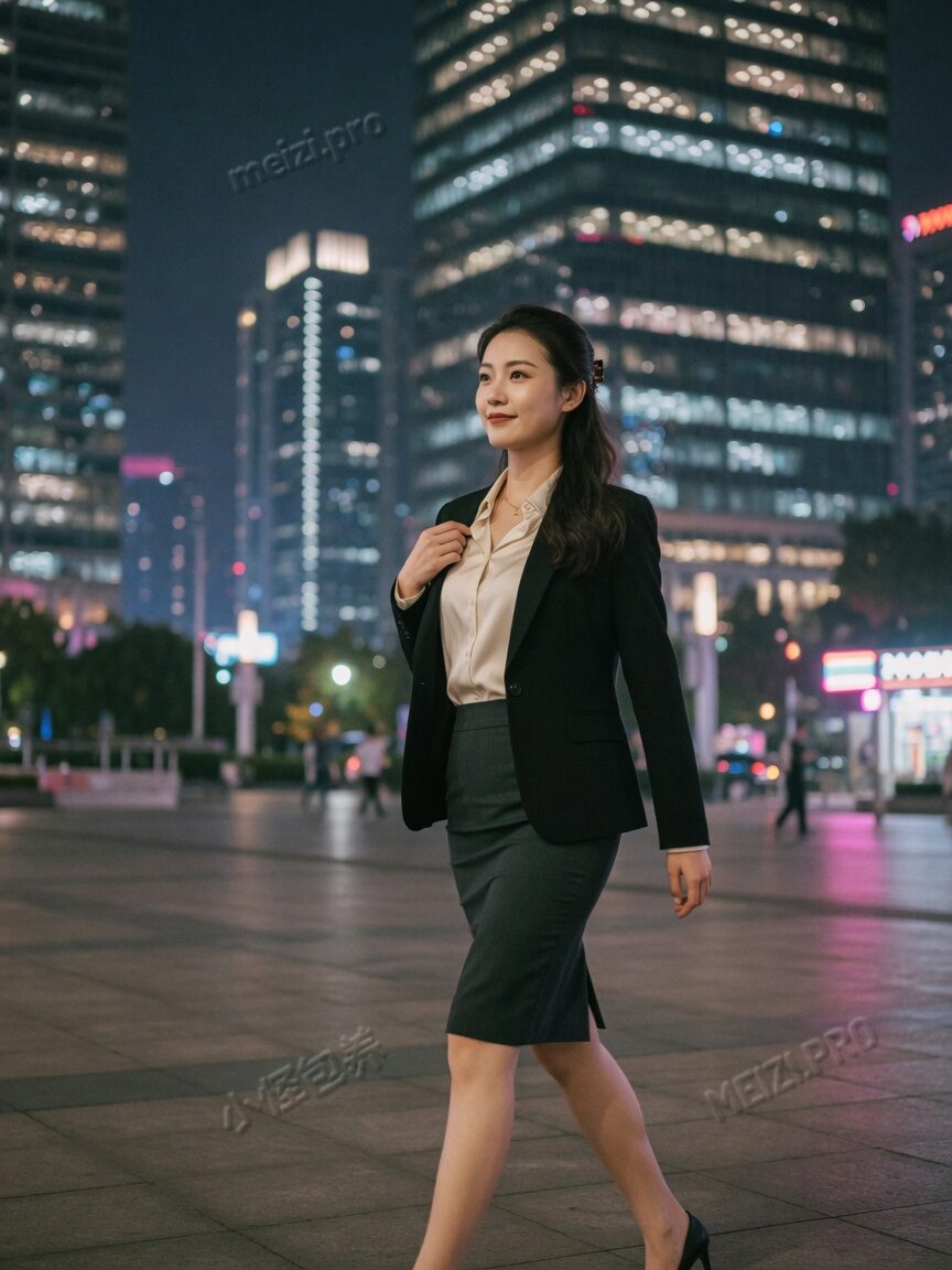 职场感女生城市广场回眸行走