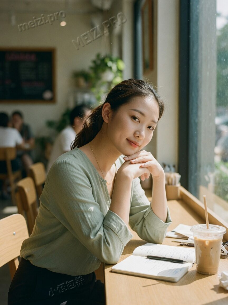 咖啡馆窗边托腮看镜头的女生写真，自然光85mm