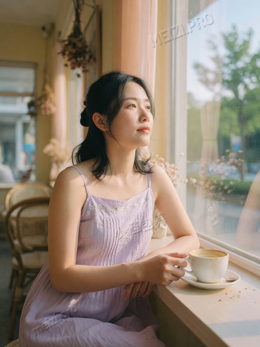 窗边咖啡馆写真pose，晨光侧脸，85mm空气感