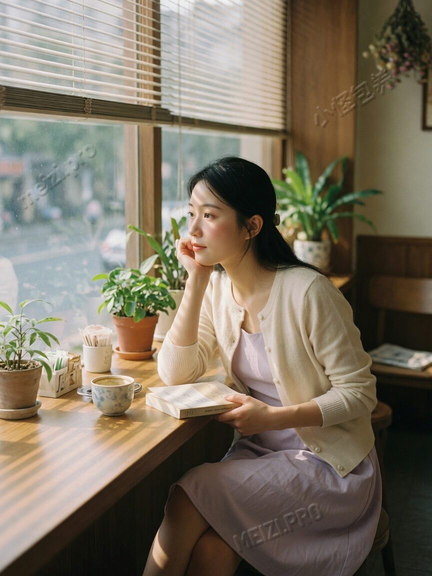 窗边沉思的女生写真