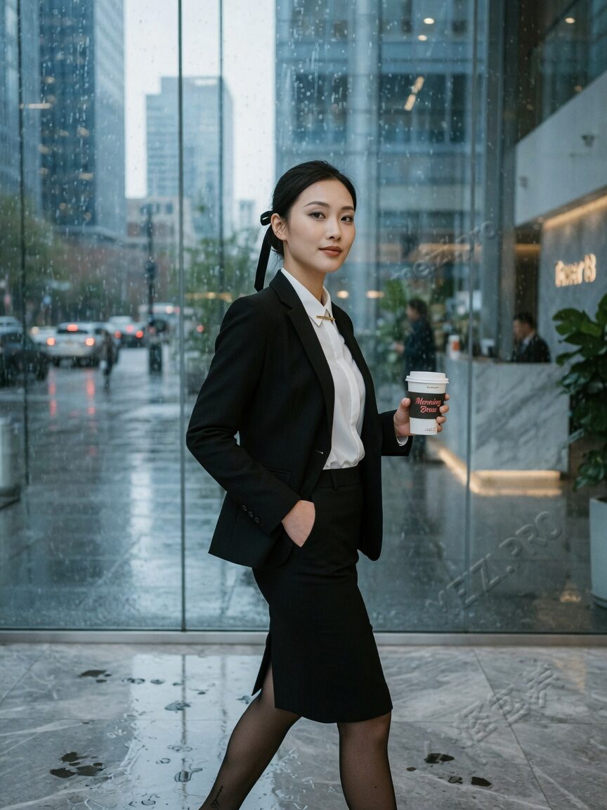 商务区雨后职场步态，咖啡在手