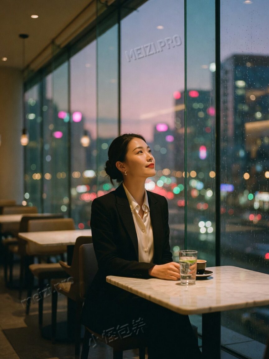餐厅侧脸,职场黑西装,暮色玻璃窗