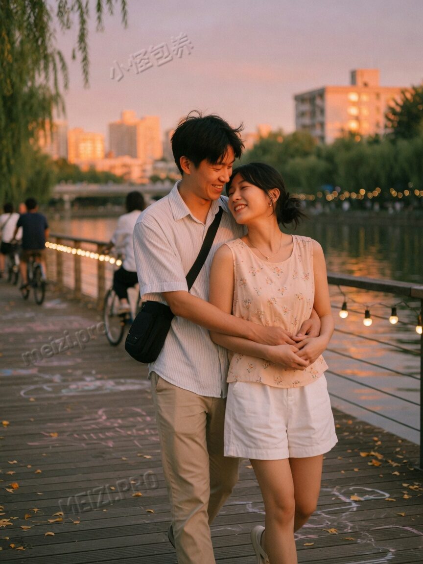 河边金光里的情侣背后抱