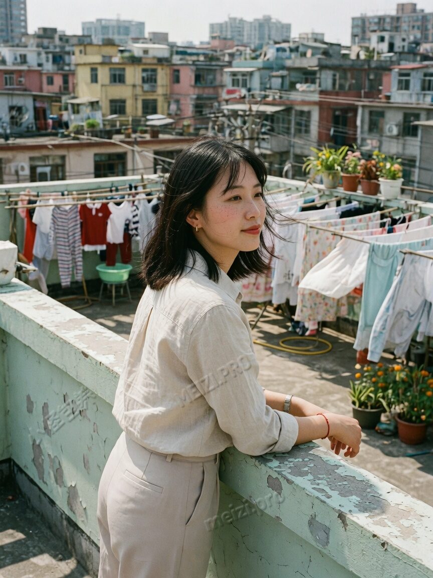 日照屋顶，望向远处的女生写真