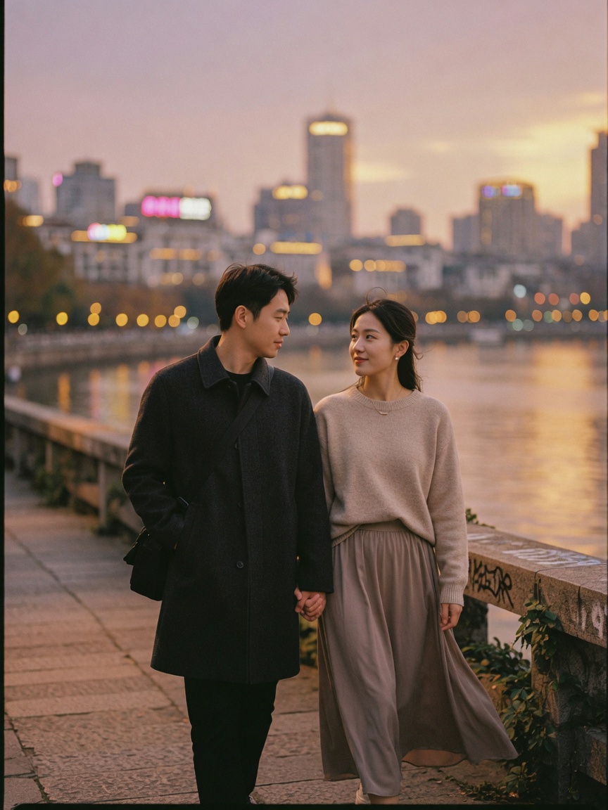 江边牵手散步,陪伴感情侣pose
