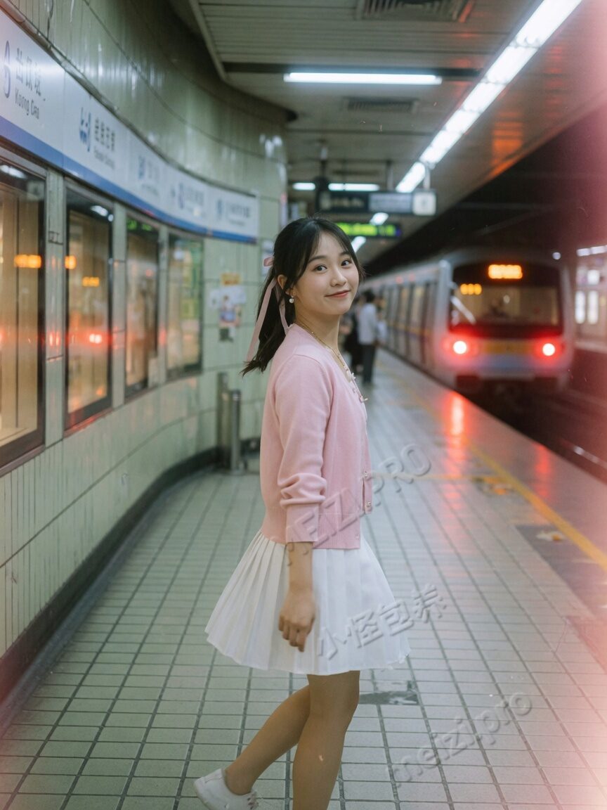 甜美女生地铁站回眸走路