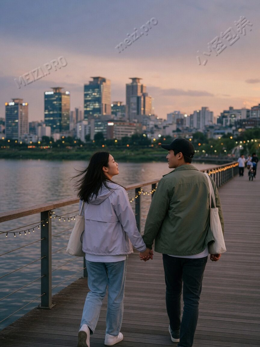 江边牵手散步的情侣 candid