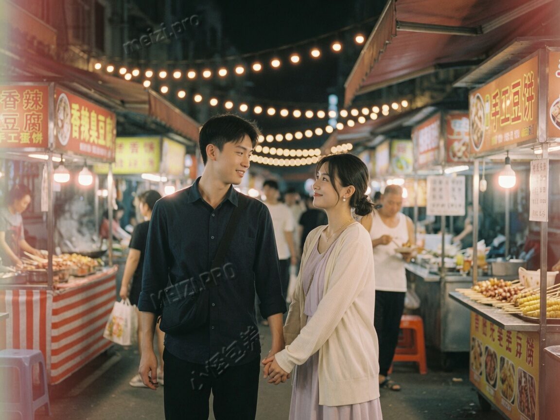 夜市牵手街拍情侣pose