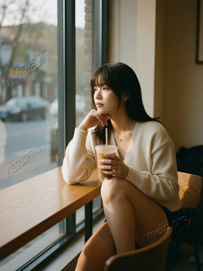 窗边咖啡馆沉思的女生