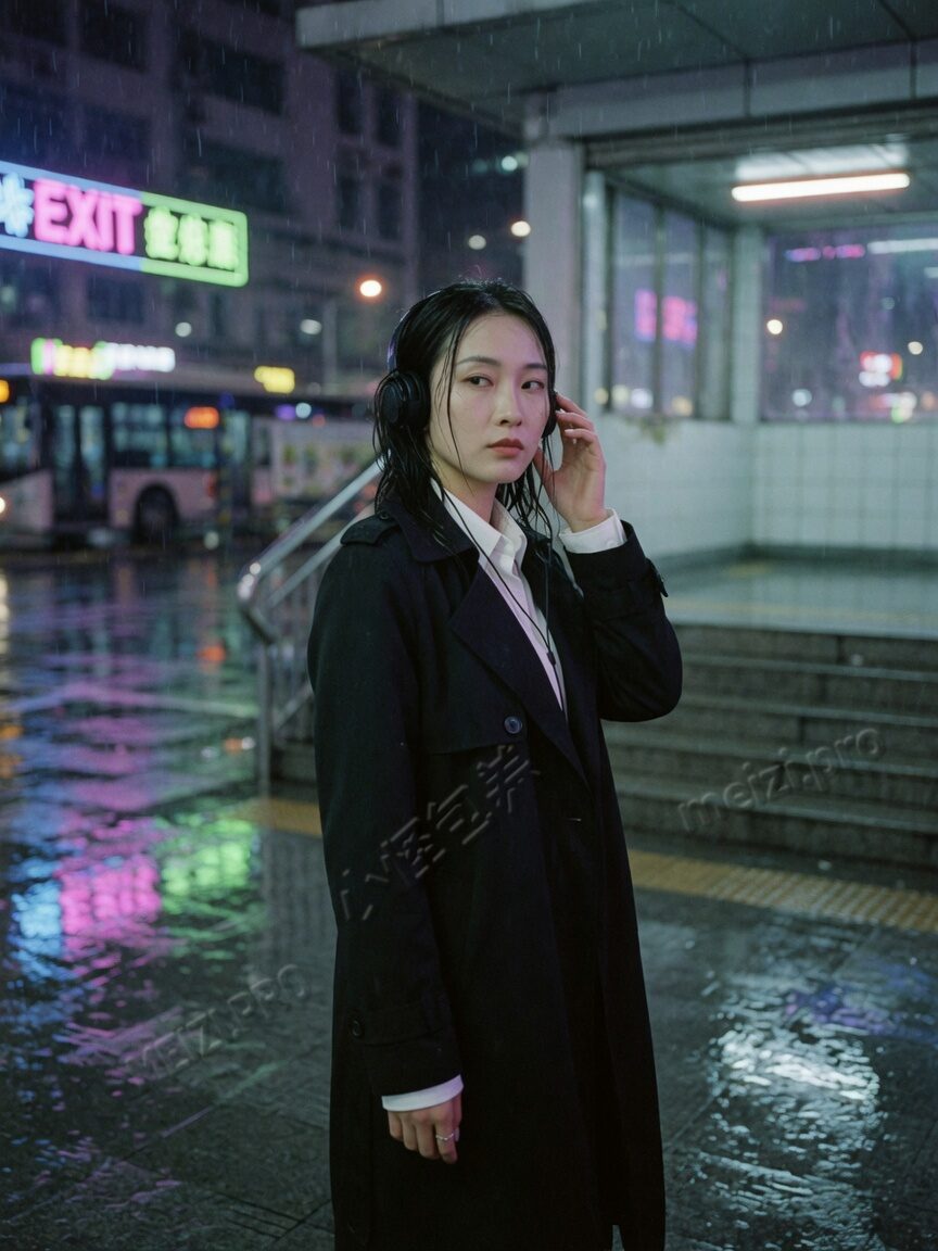 雨后地铁口侧脸回眸，职场风衣