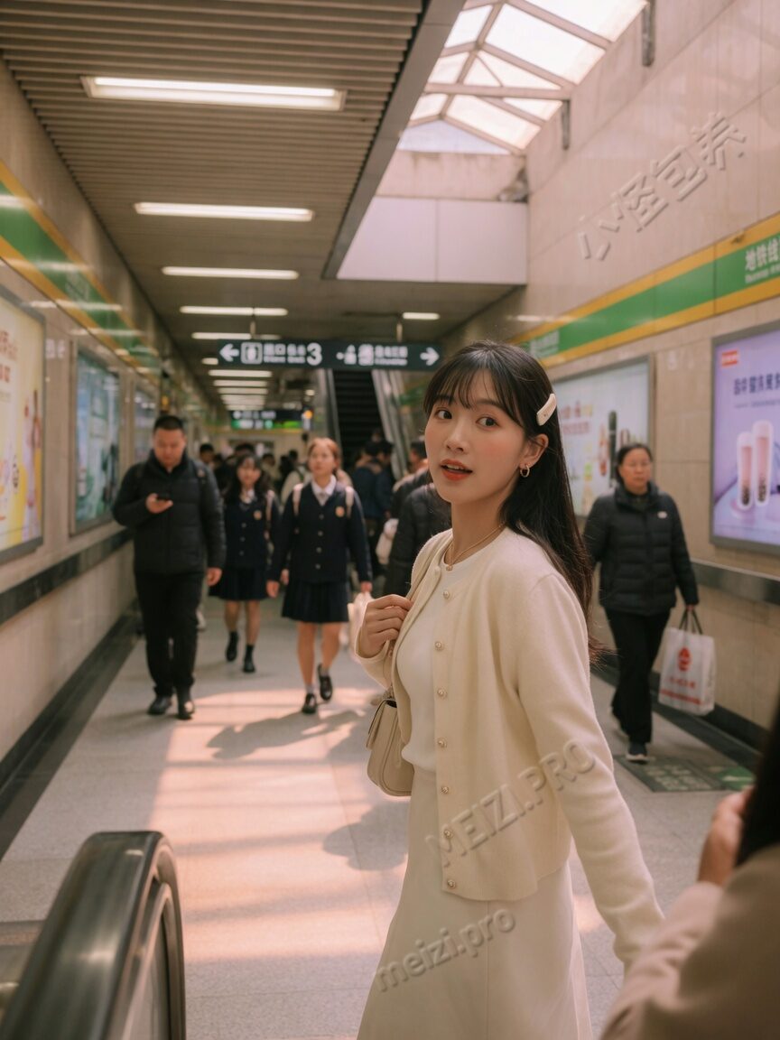 地铁通道回眸,甜美写真,小红书胶片