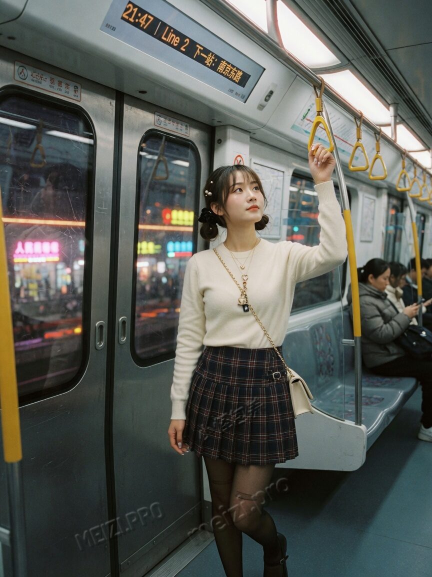 地铁车厢侧脸写真:手扶扶手看向窗外