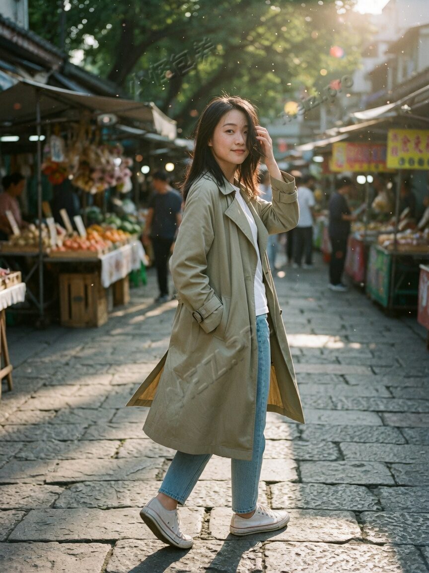 市集石板路回眸走路的女生