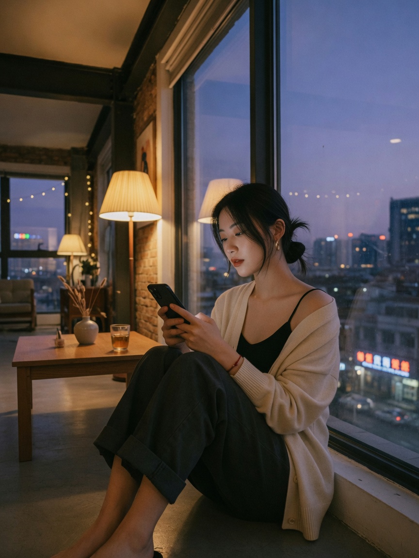 夜色里刷手机的女生