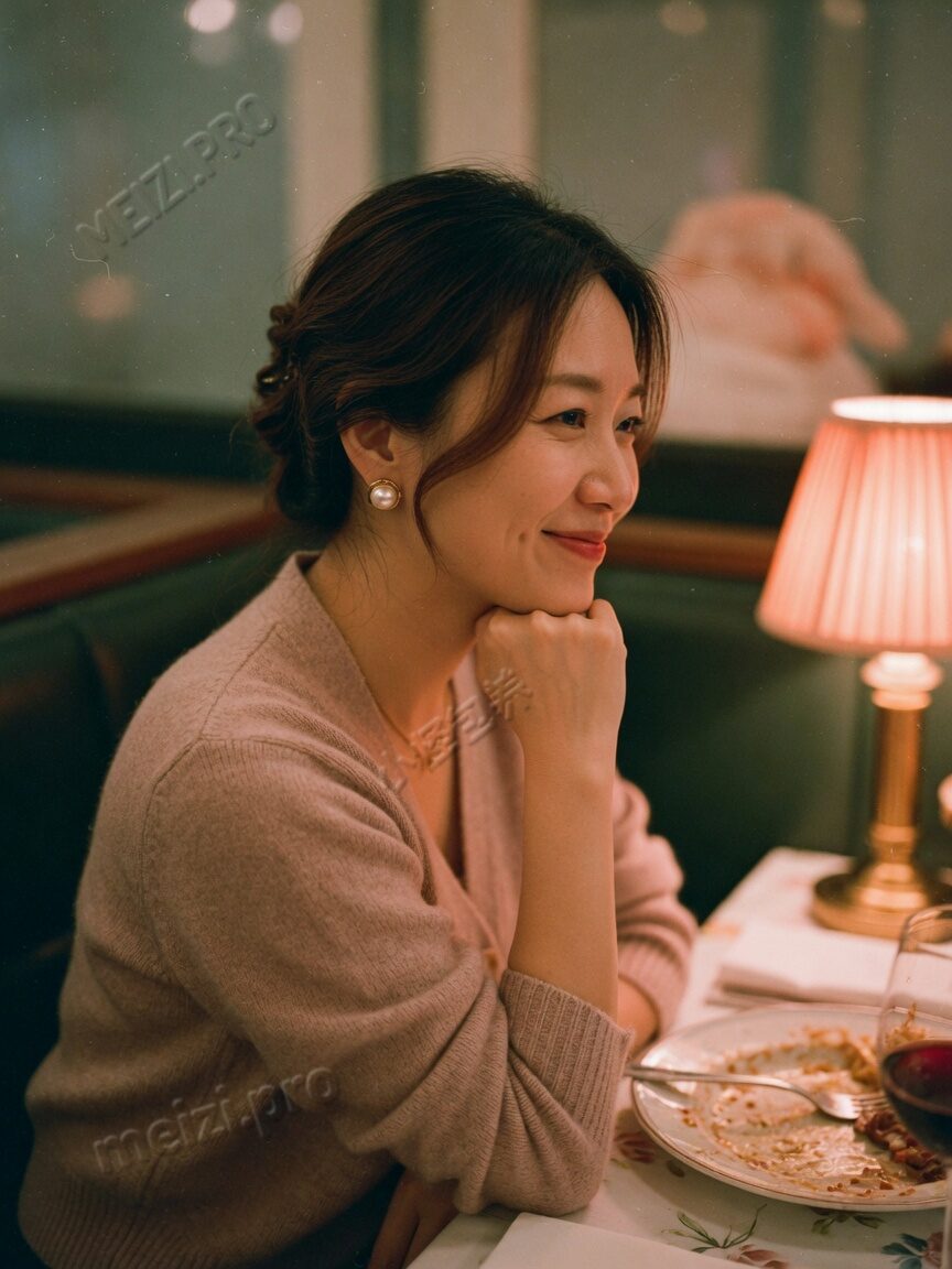 餐厅暖光侧脸:温婉成熟的陪伴感