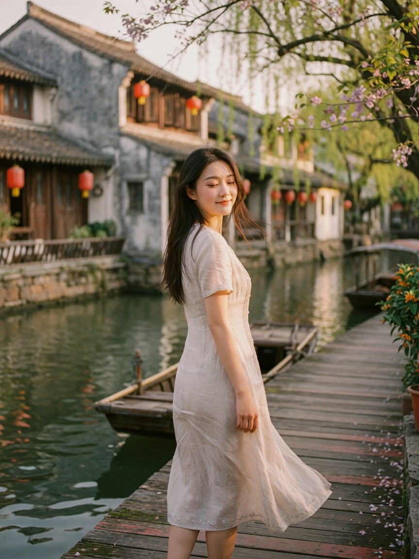 湖边走路的女生