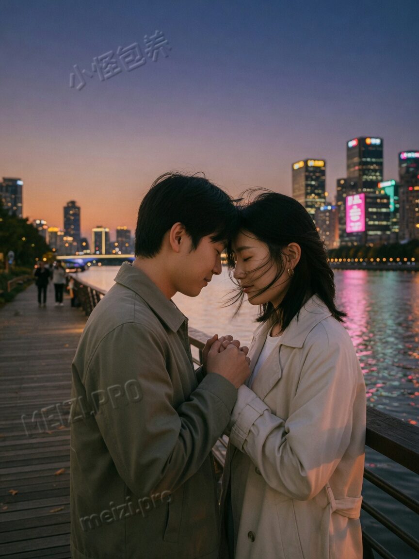 黄昏江边额头相抵