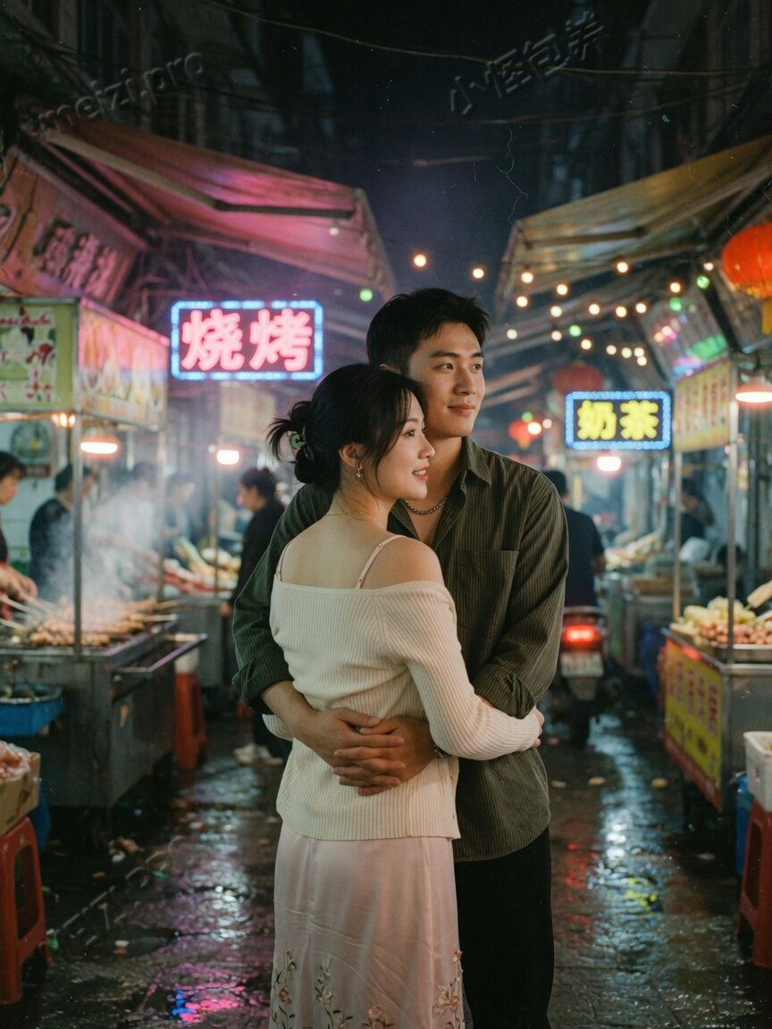 夜市巷口背后抱的情侣,胶片感 85mm