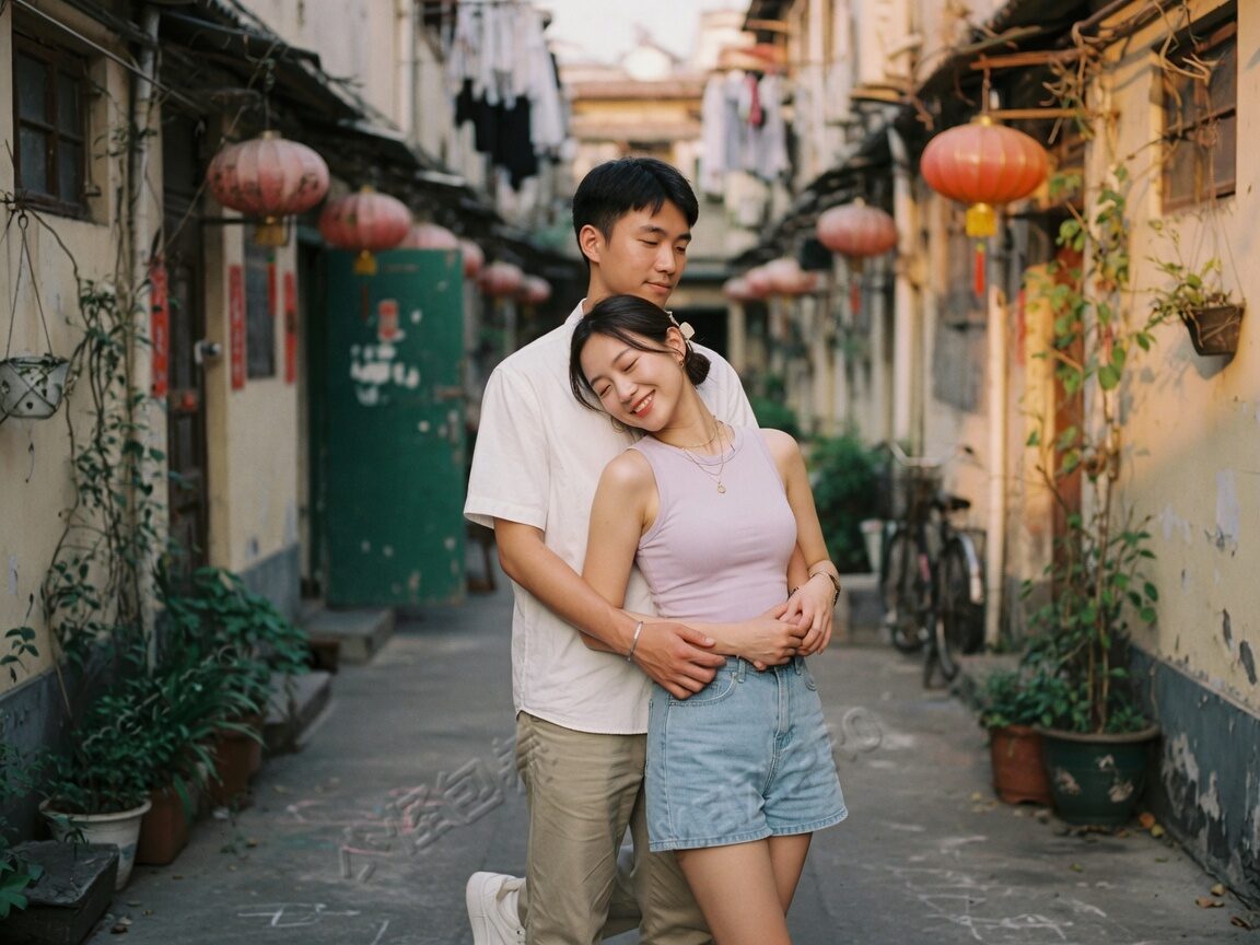 巷子里的情侣背影抱