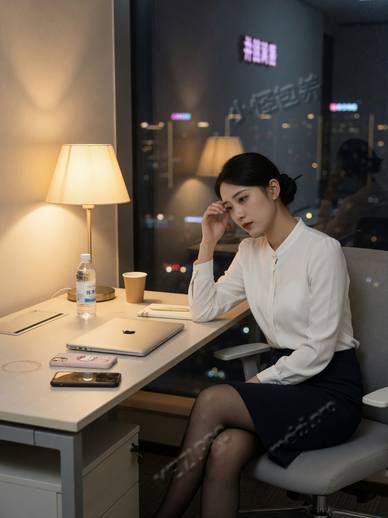 深夜办公桌前的职场黑丝OL，双手机扣在桌上