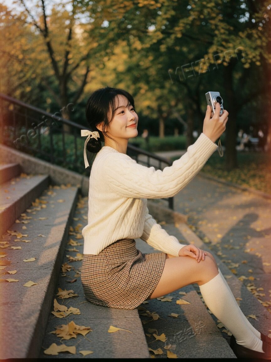 公园石阶侧脸的甜美气质写真