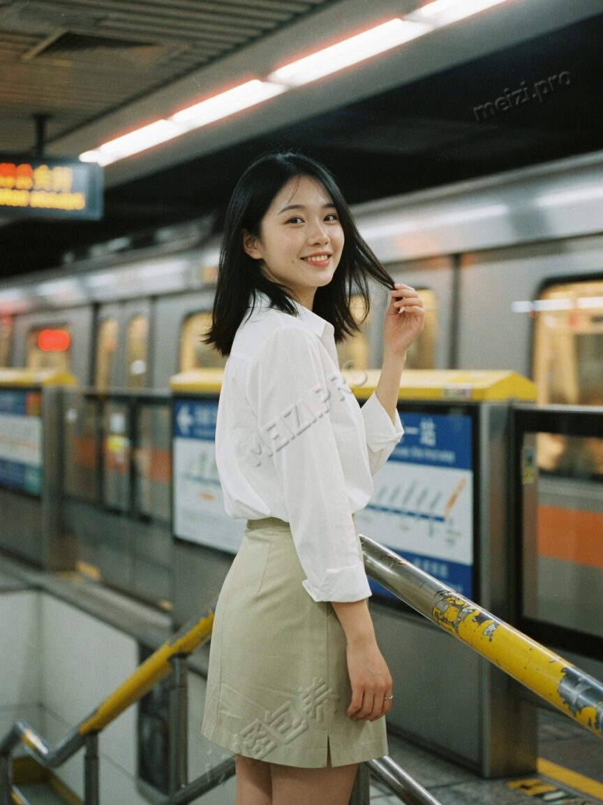 江边夜景插腰侧脸的御姐写真