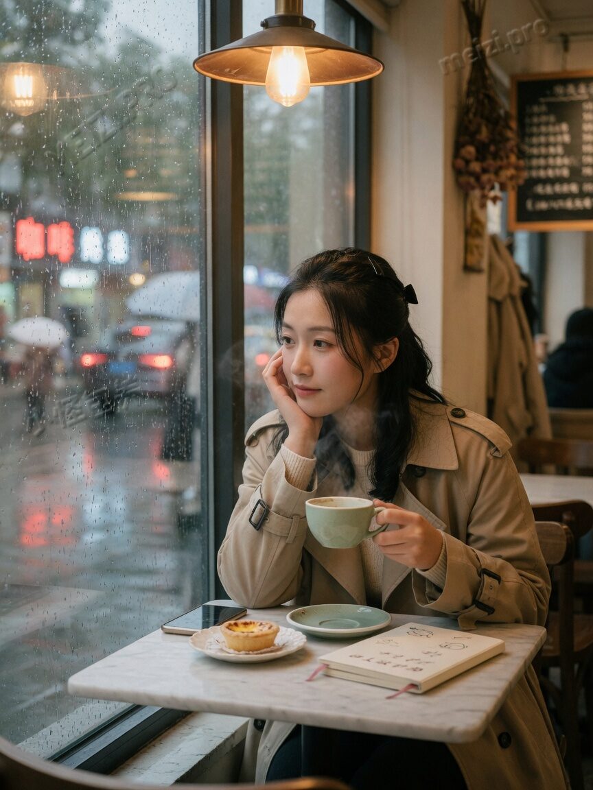 雨天咖啡馆窗边独坐的女生写真