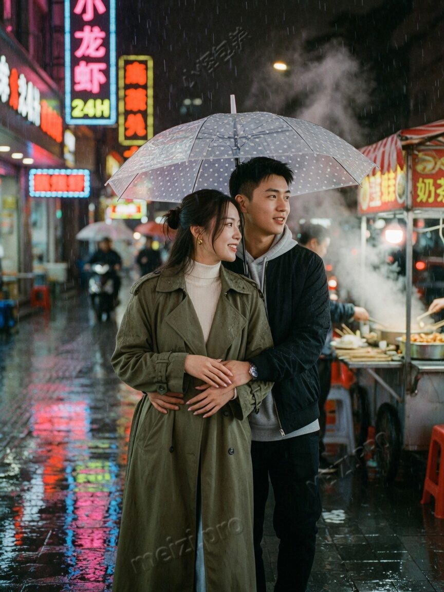 雨夜街巷背后抱的情侣街拍，小红书胶片感