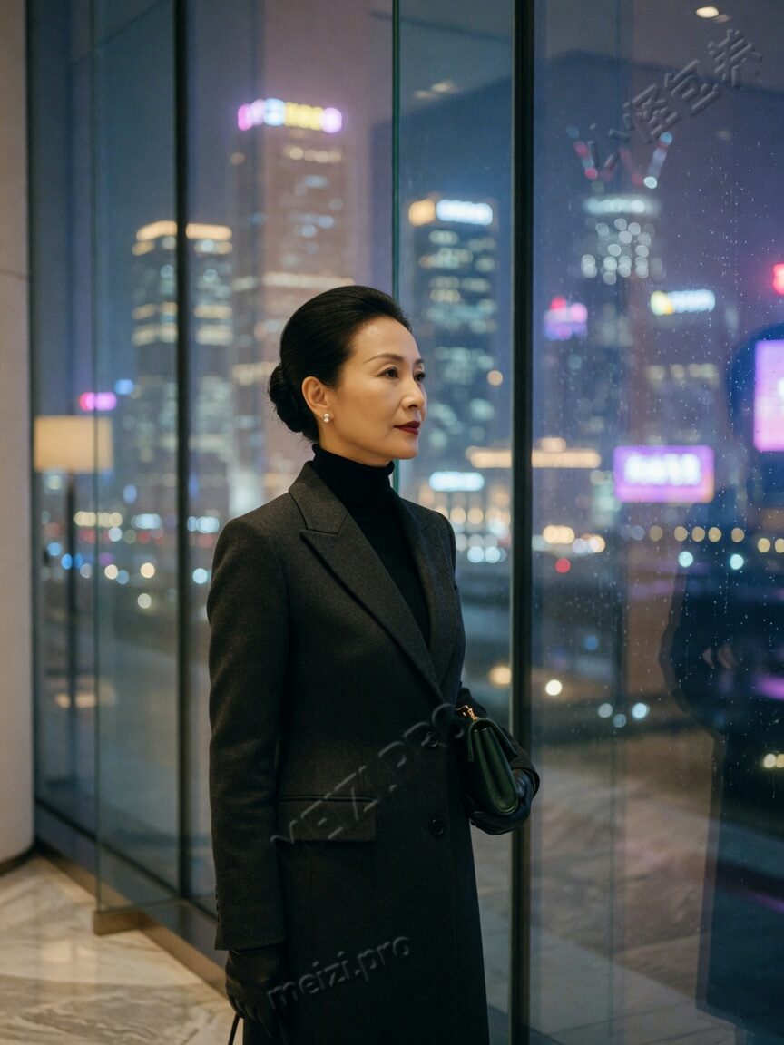 御姐感夜景侧脸:酒店大堂落地窗前沉稳站姿