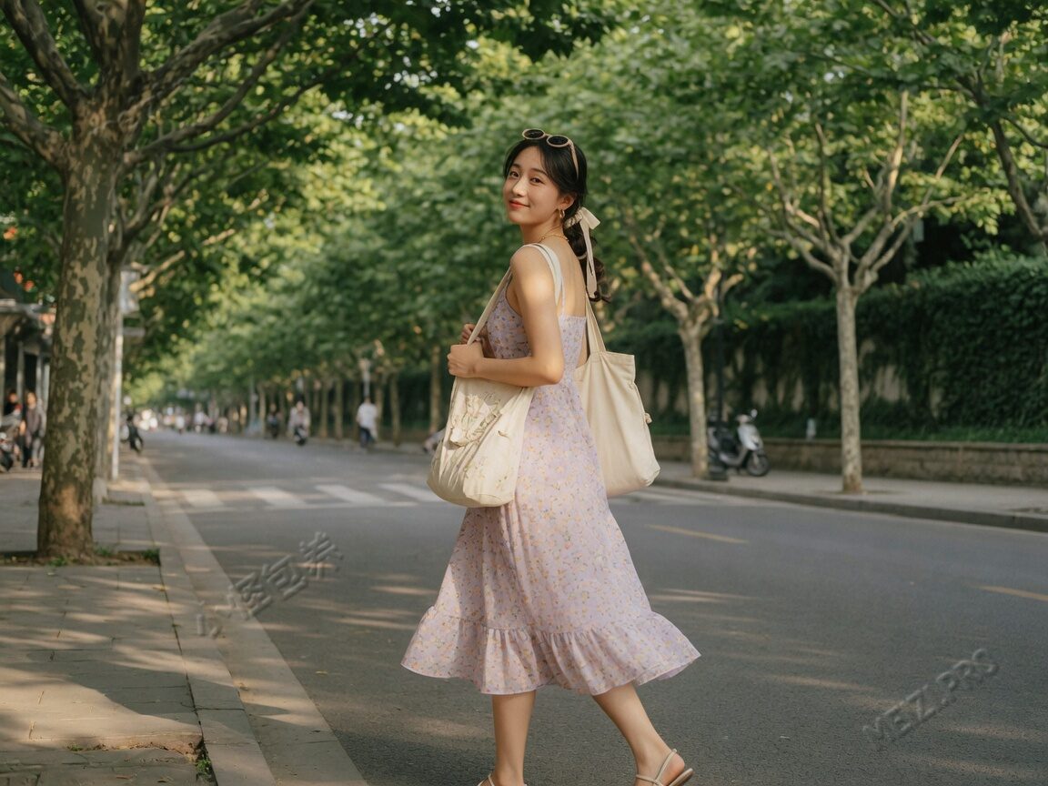 林荫道回眸街拍,女生写真pose