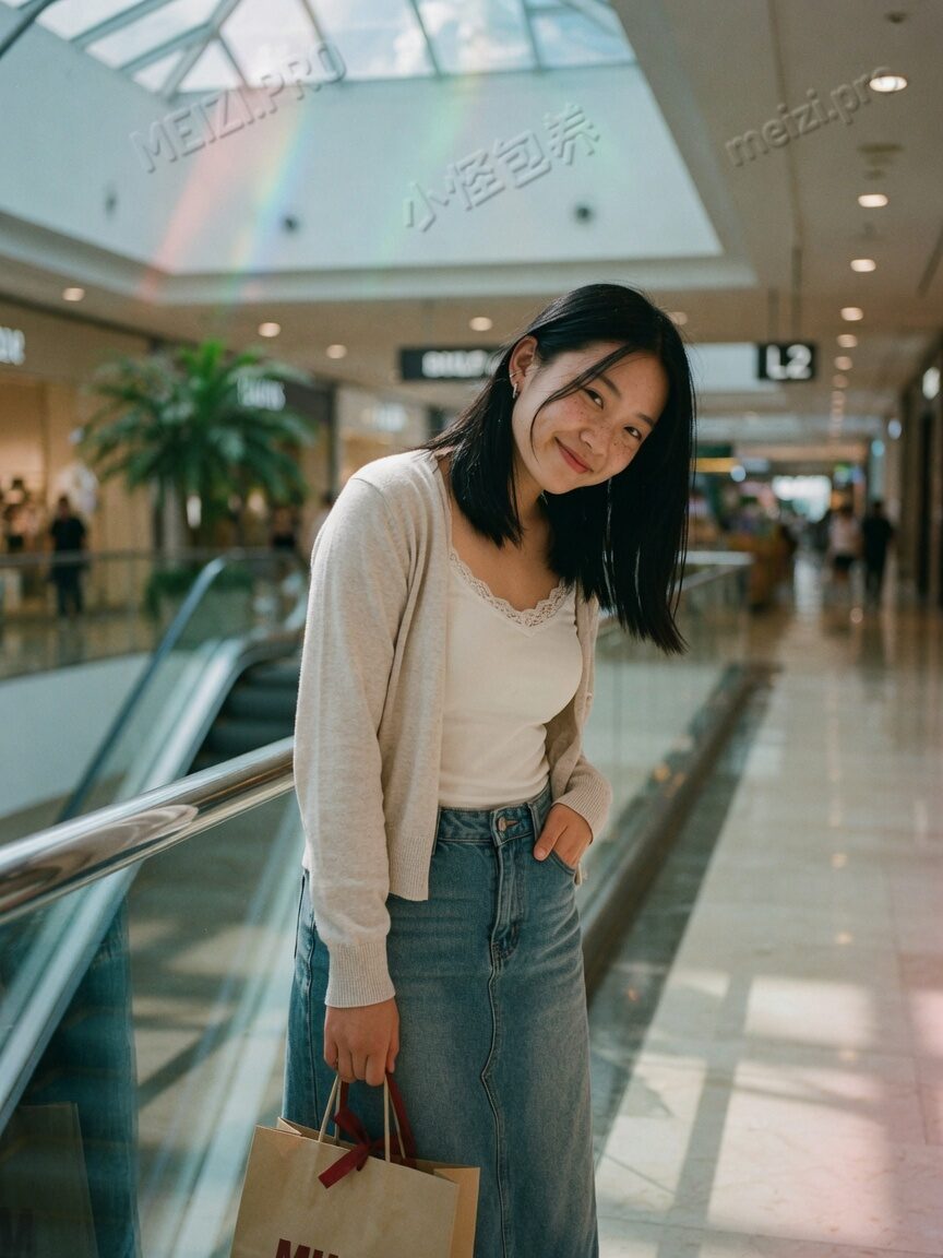 商场中庭拎袋回眸