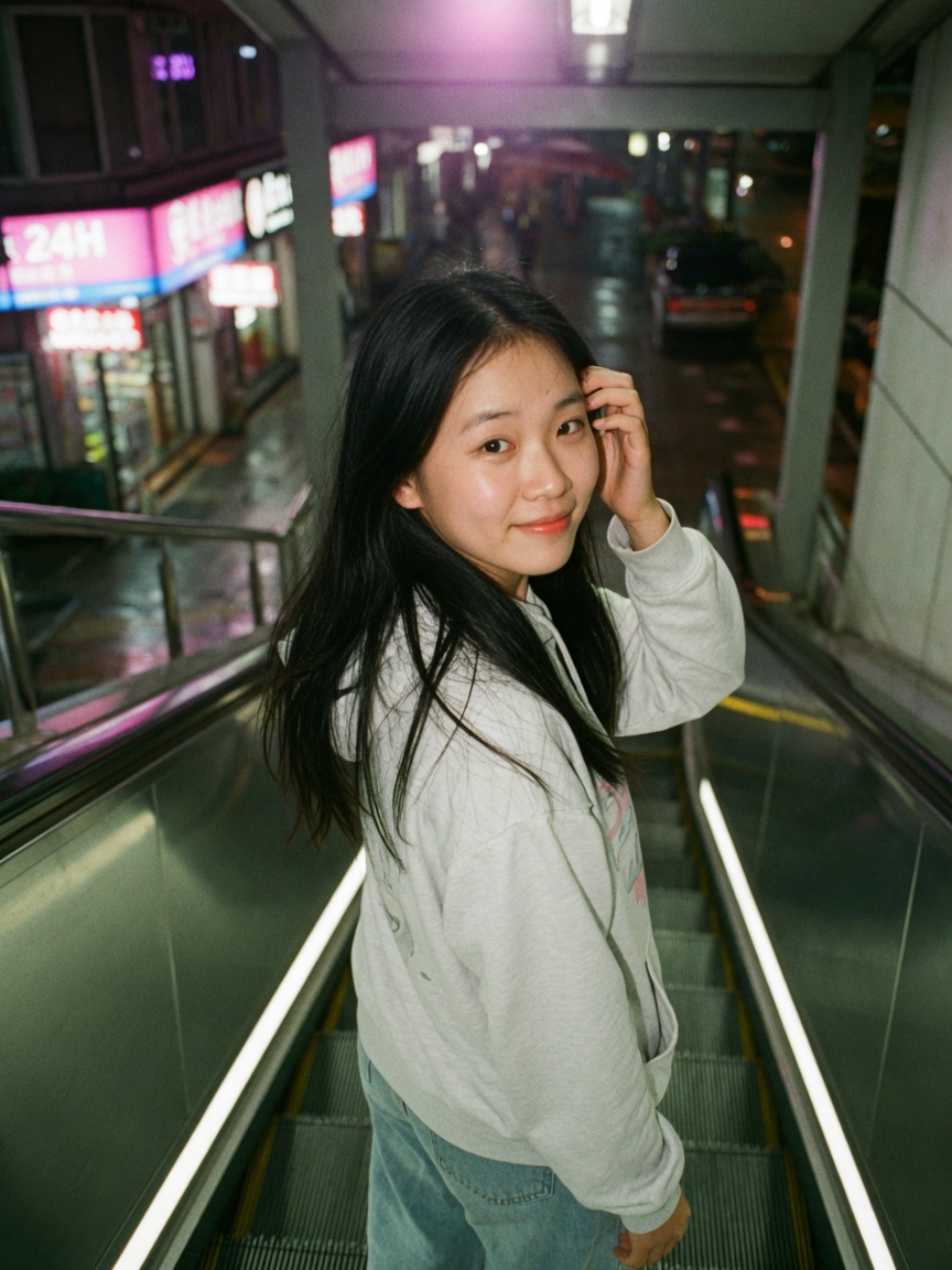 夜色扶梯上回眸的女生