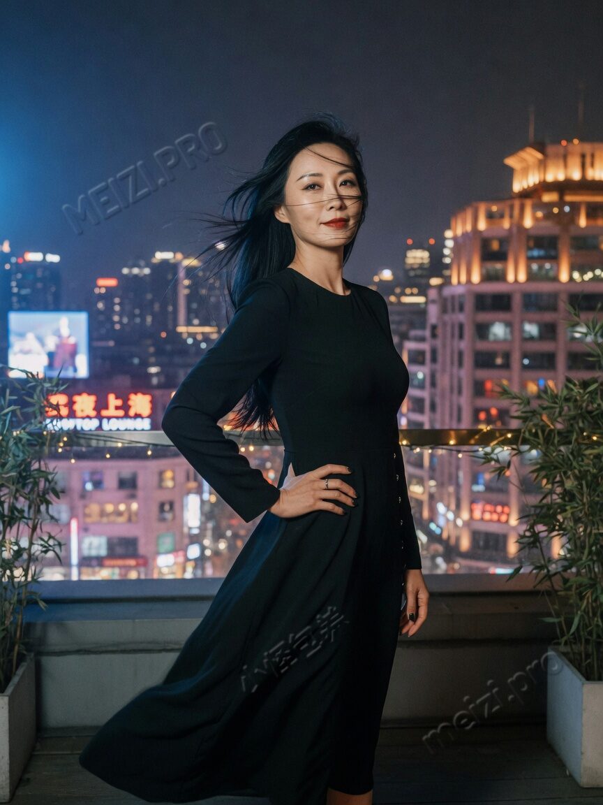 夜景露台插腰：御姐从容气质，节奏稳的一类相处想象