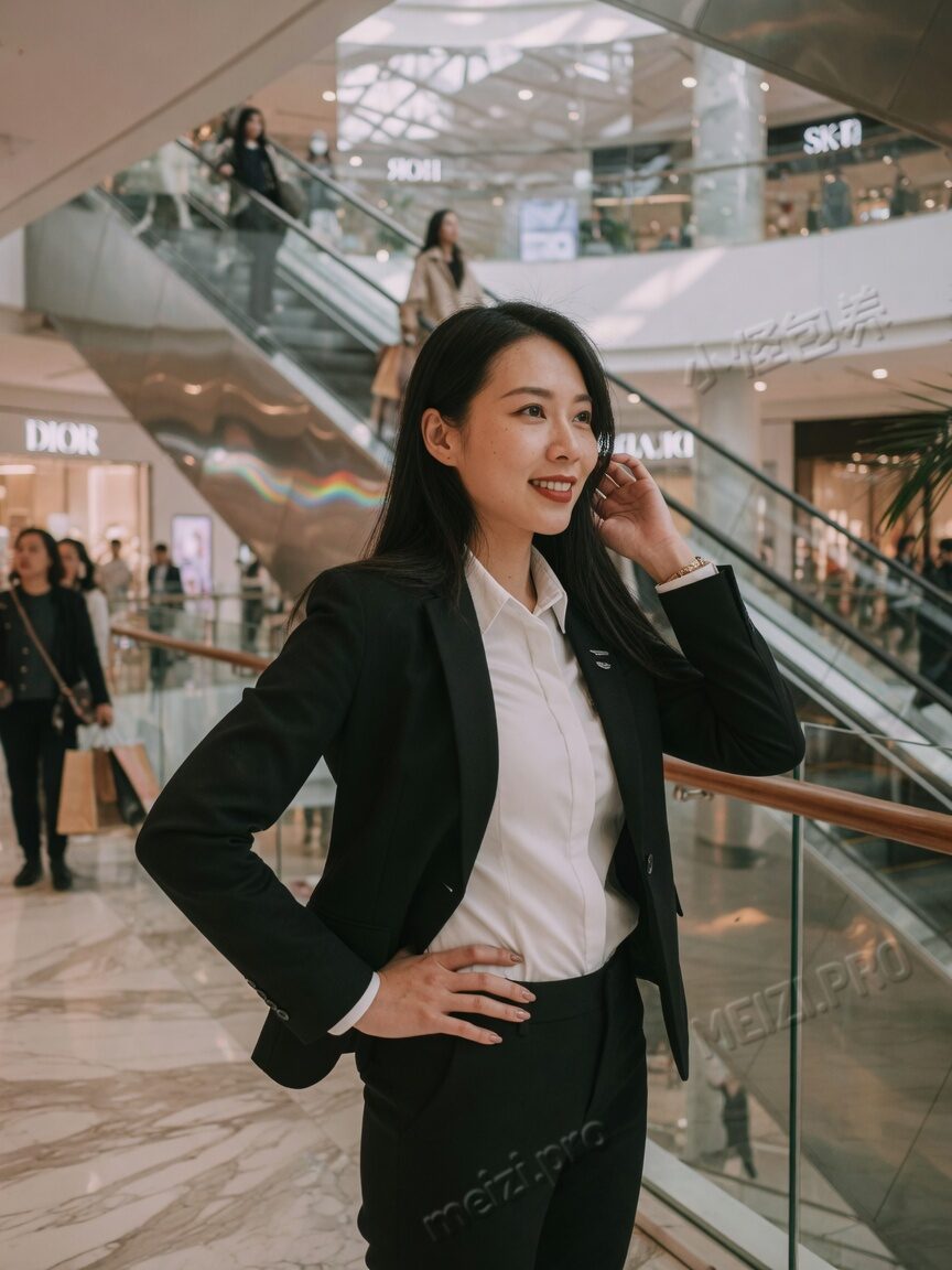 商场扶梯旁侧身插腰的女生