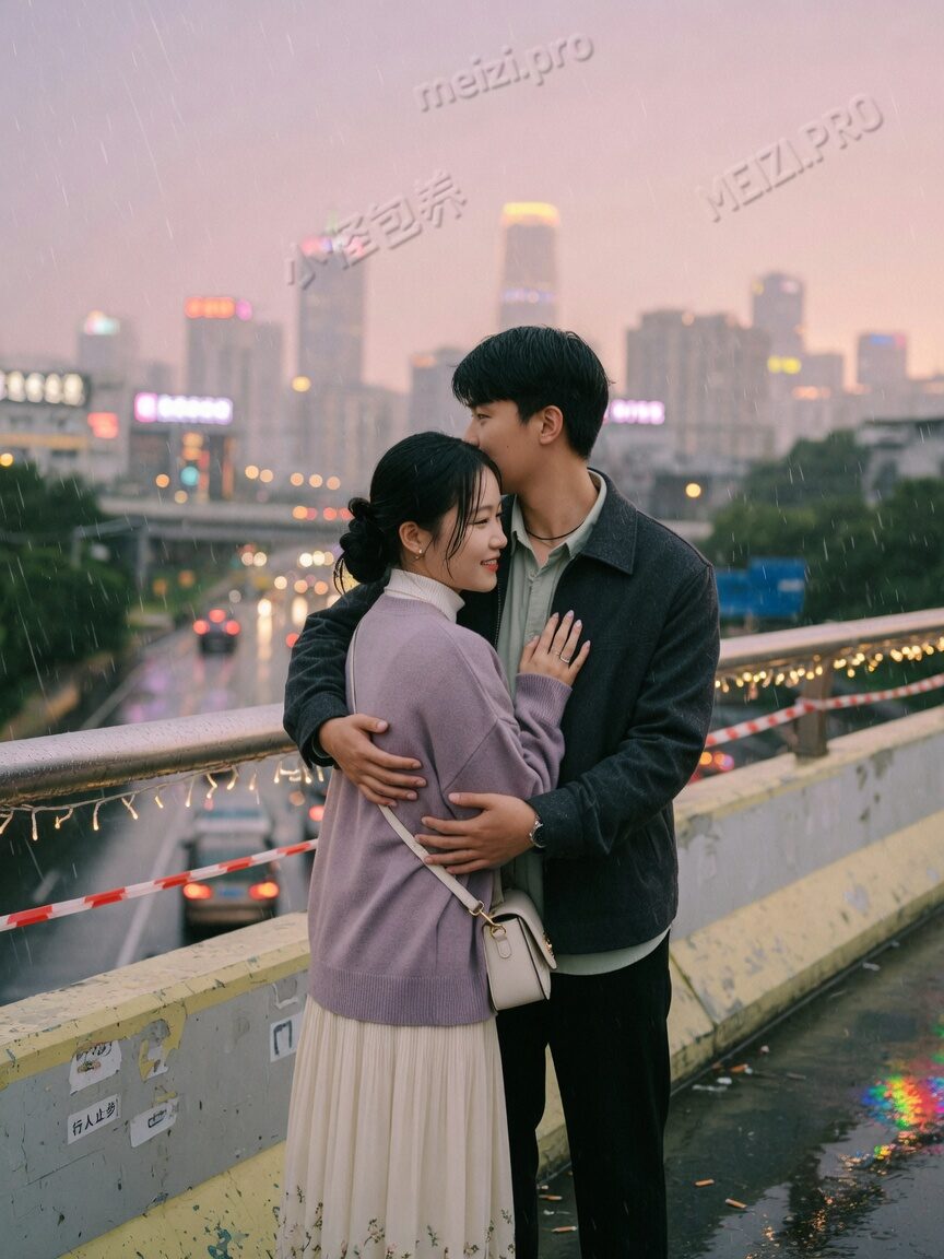 天桥雨夜背后抱的情侣pose，城市灯火虚化