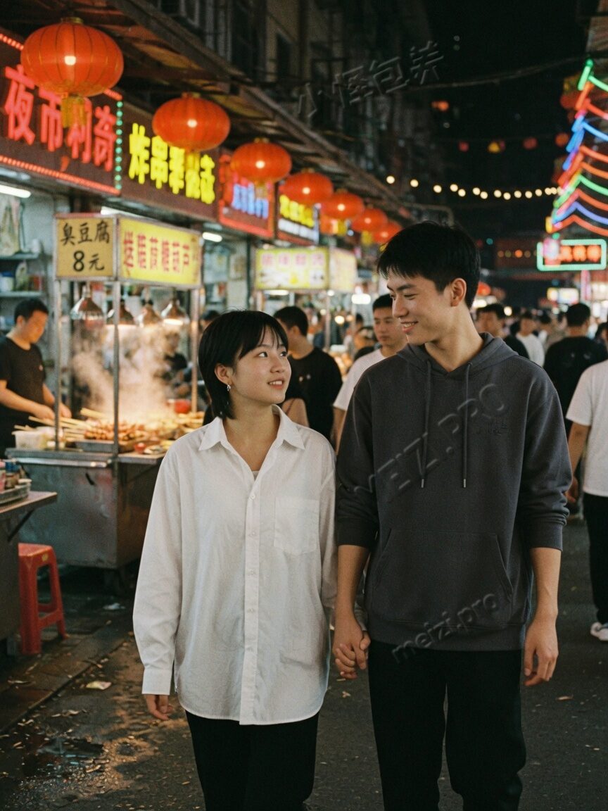 夜市灯笼下并肩牵手的两个人