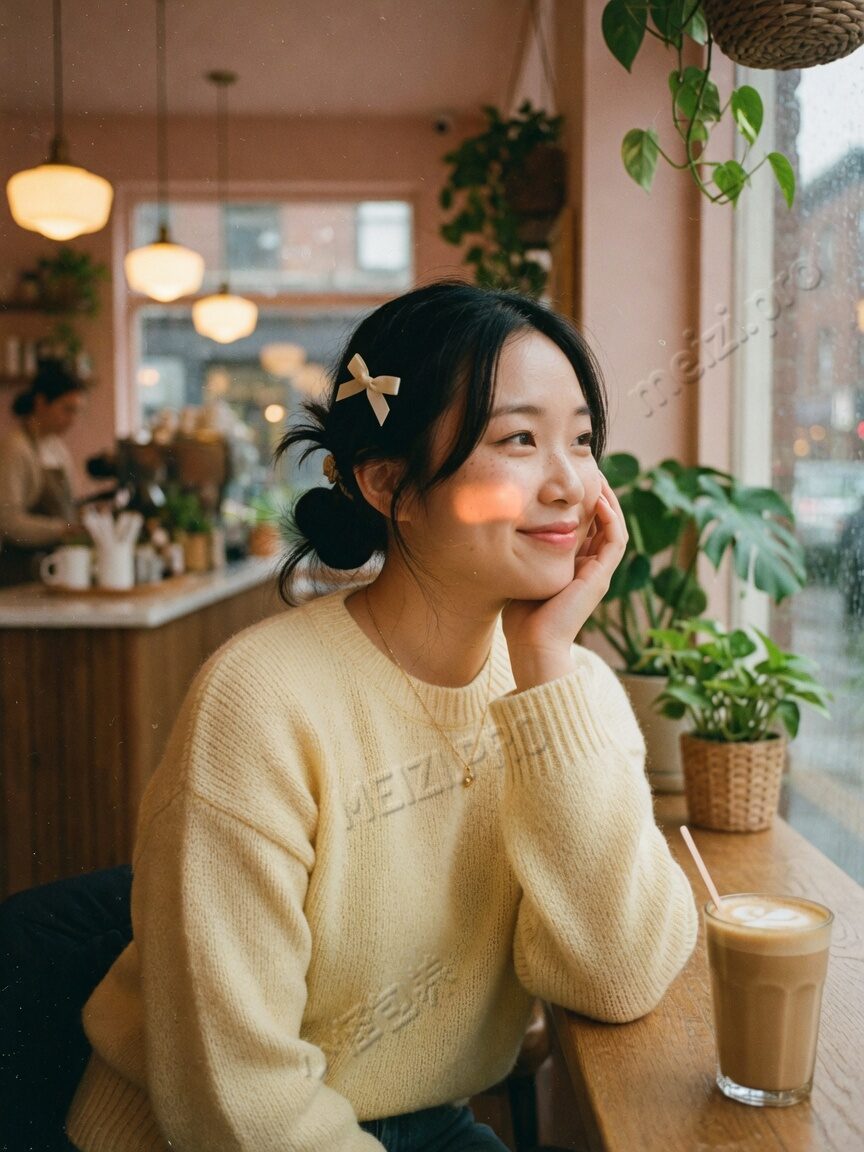 咖啡馆托腮侧脸,甜美可亲近