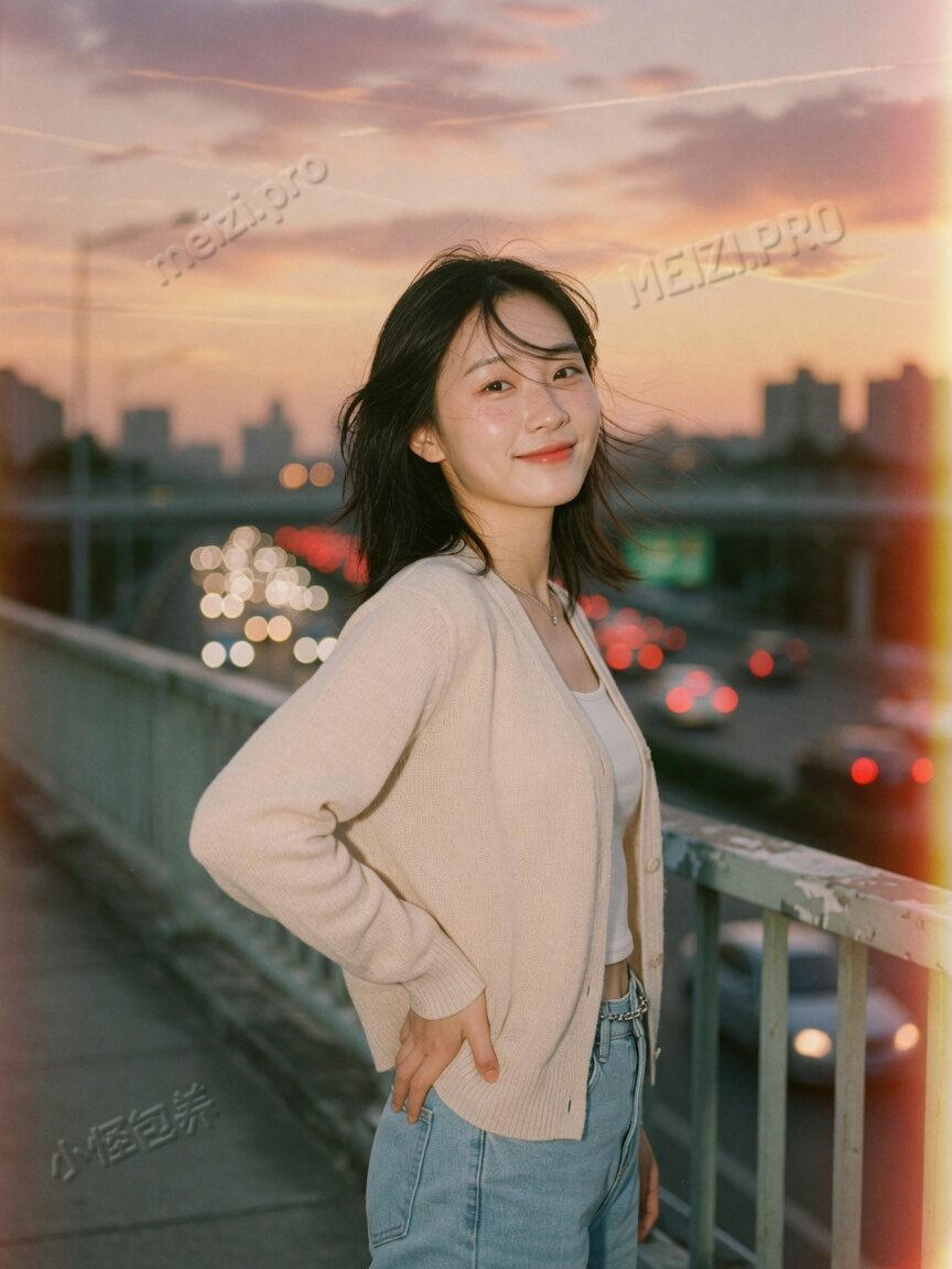 天桥黄昏甜美回眸写真，对照「气质标签」里的干净甜美感