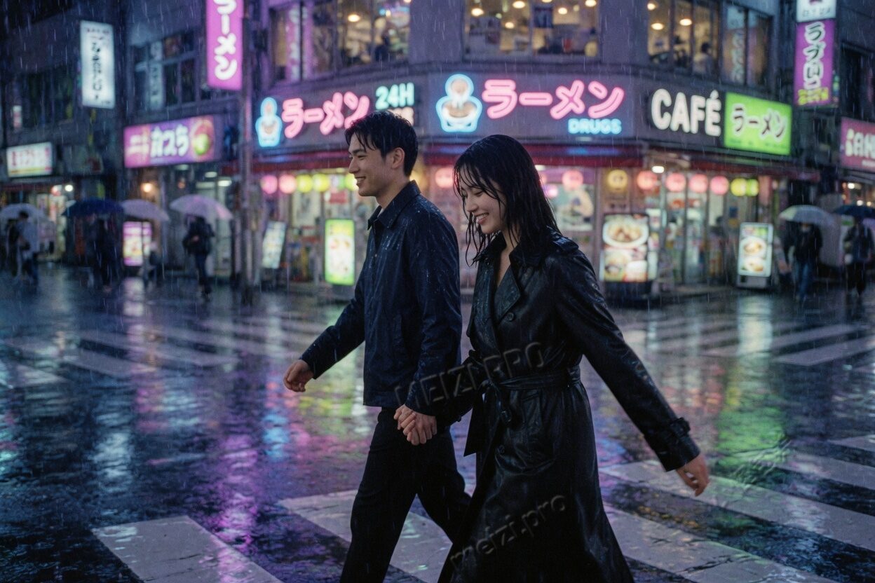雨夜霓虹街牵手同行的情侣胶片抓拍