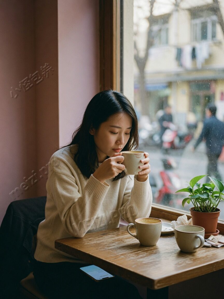咖啡馆窗边,女生双手捧杯看手机,神情介于期待与疲倦
