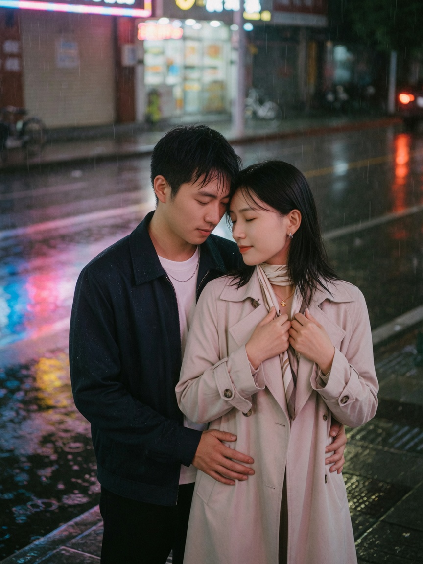 雨夜街头额头相抵情侣pose