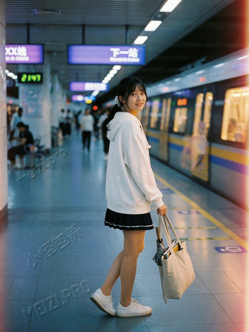 地铁站台回眸走路