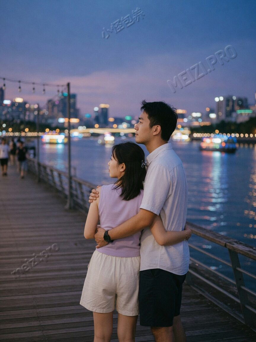 江边背后抱的情侣，近却仍像留着半步余地