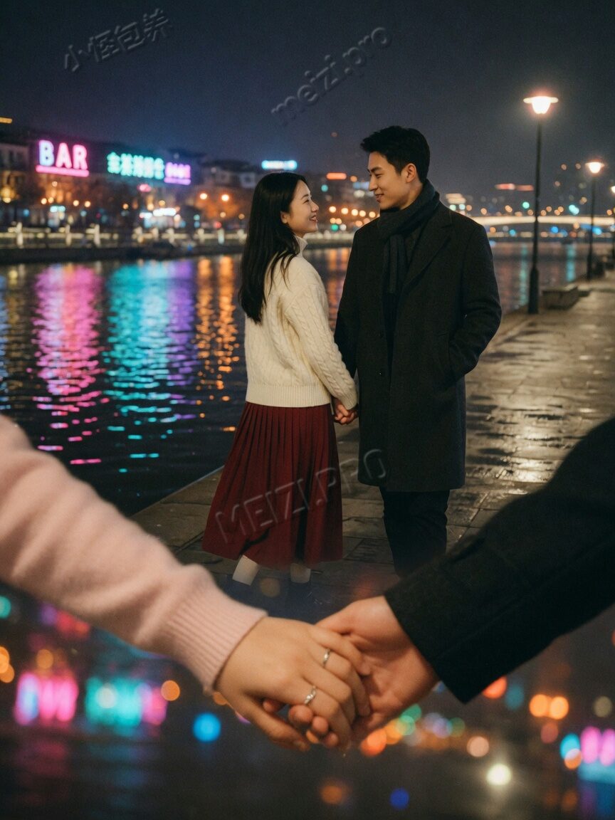 江边夜景牵手慢走,胶片感