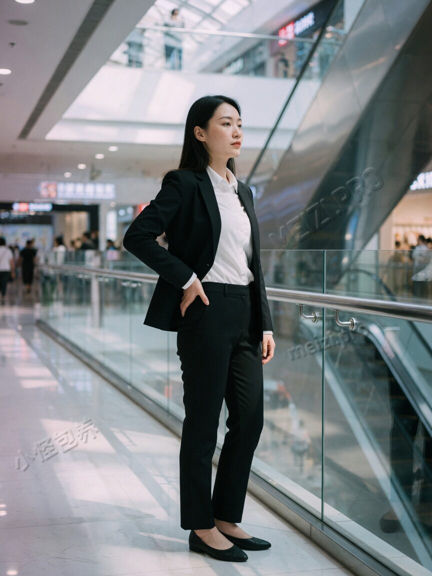 商场中庭侧身站立的都市女生