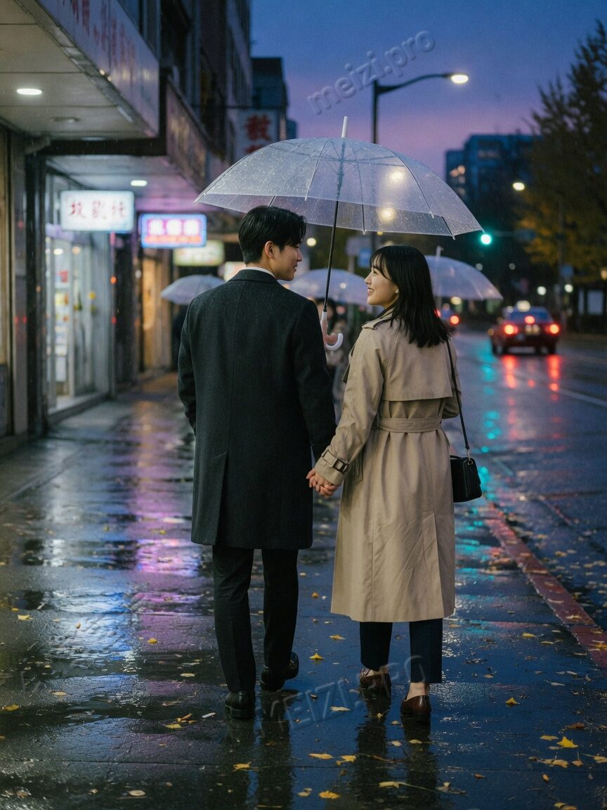 雨夜共伞牵手的街拍