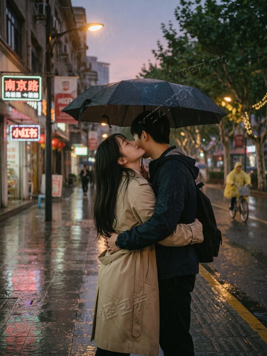 情侣雨夜背后抱街拍,85mm胶片