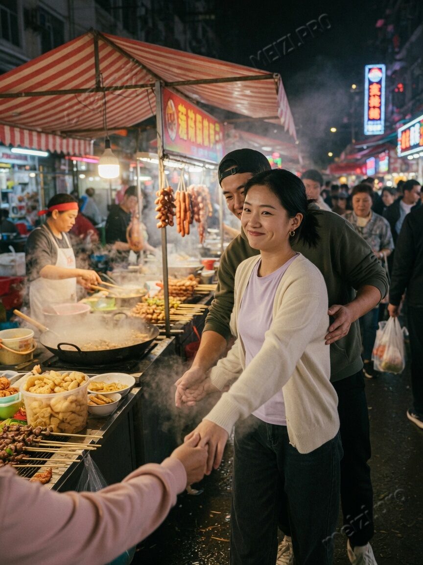 夜市灯火里，半步牵手回望的情侣