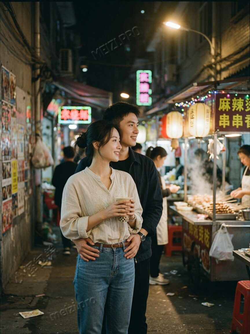 夜市背后抱的情侣pose，小红书质感